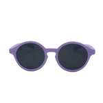 Purple sunglasses with dark lenses on a white background