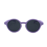 Purple sunglasses with dark lenses on a white background