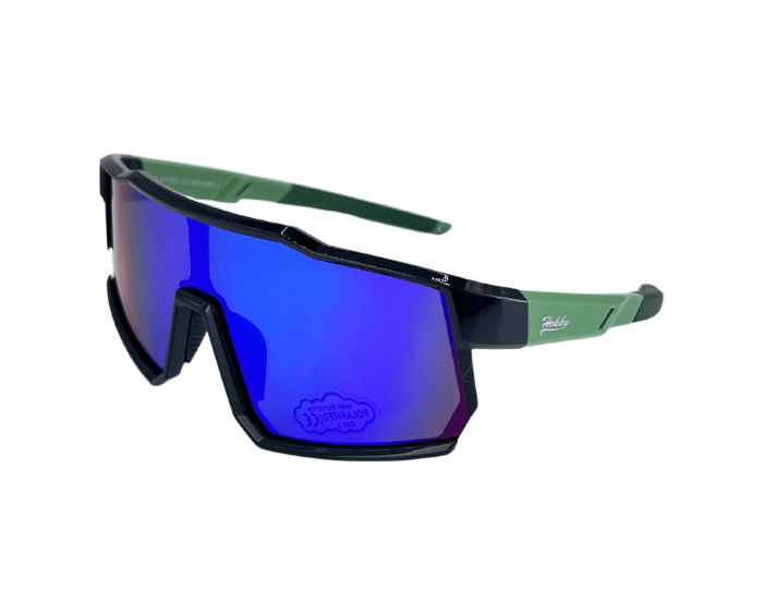 Kids' sunglasses with green frames and blue polarised lenses, designed for outdoor use.