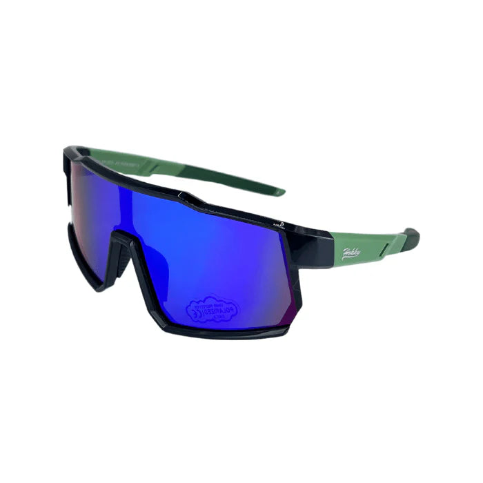 Sunglasses with blue reflective lenses and green frame on a white background