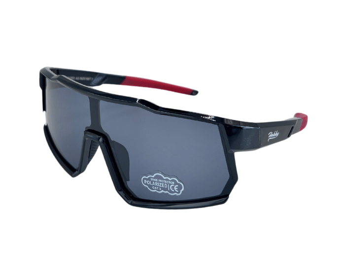 Kids' sunglasses with black and red colour frame and grey polarized lenses, designed for outdoor use.