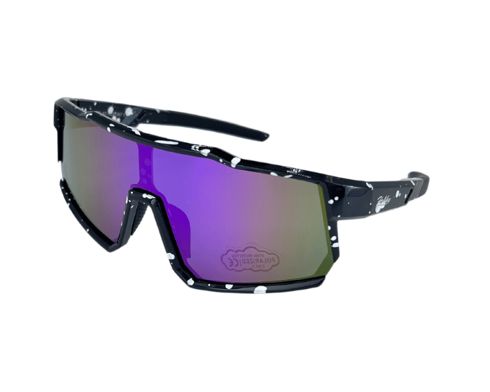 Kids' sunglasses with a Black and white speckled frame and blue polarised lenses, designed for outdoor use.