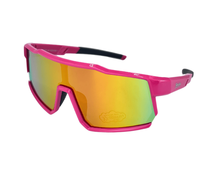 Kids' sunglasses with pink and black rame and yellow polarized lenses, designed for outdoor use.