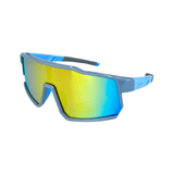 Kids' sunglasses with skyblue frame and colouful lenses, designed for outdoor use.