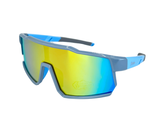 Kids' sunglasses with skyblue frame and colouful lenses, designed for outdoor use.