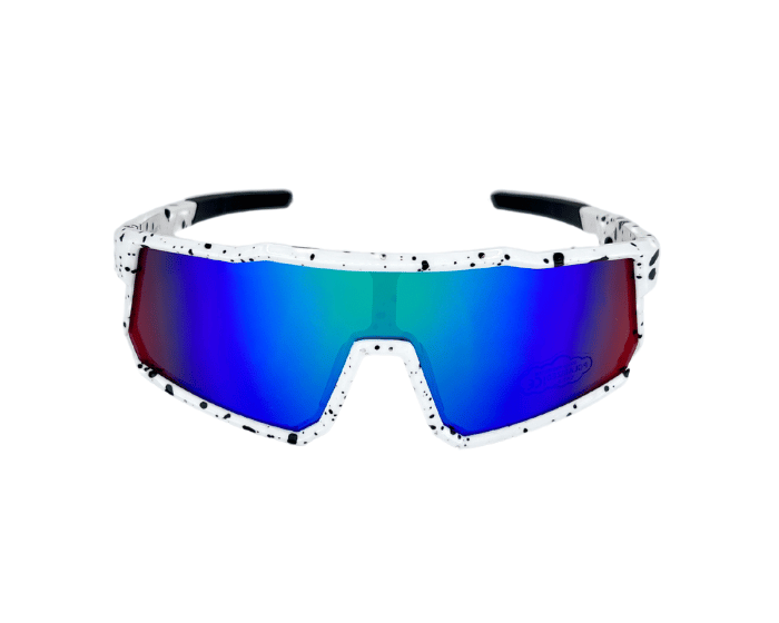 Kids' sunglasses with white and black speckle design frame and blue polarized lenses, designed for outdoor use.