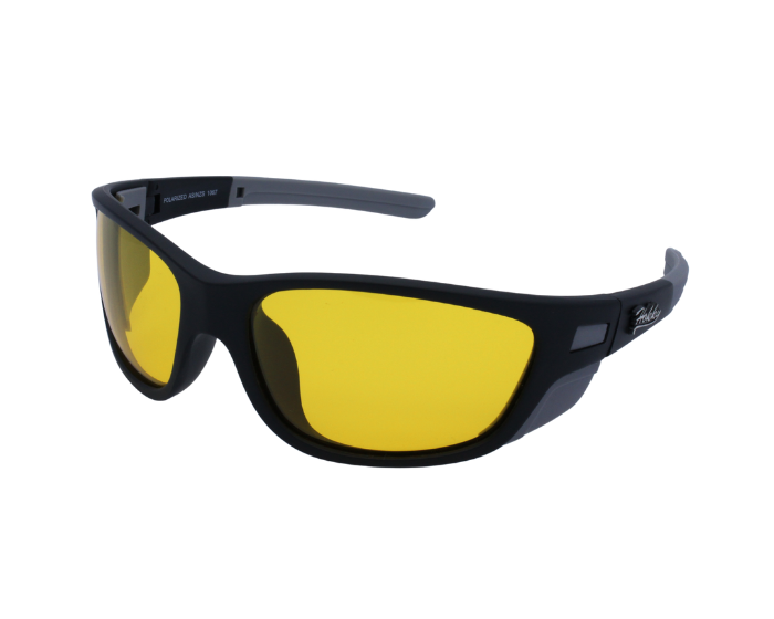 A pair of black sports sunglasses with polarized yellow lenses designed for outdoor activities like surfing.