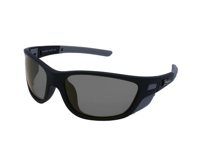 A pair of black sports sunglasses with polarised anti-fog lenses designed for outdoor activities like surfing.