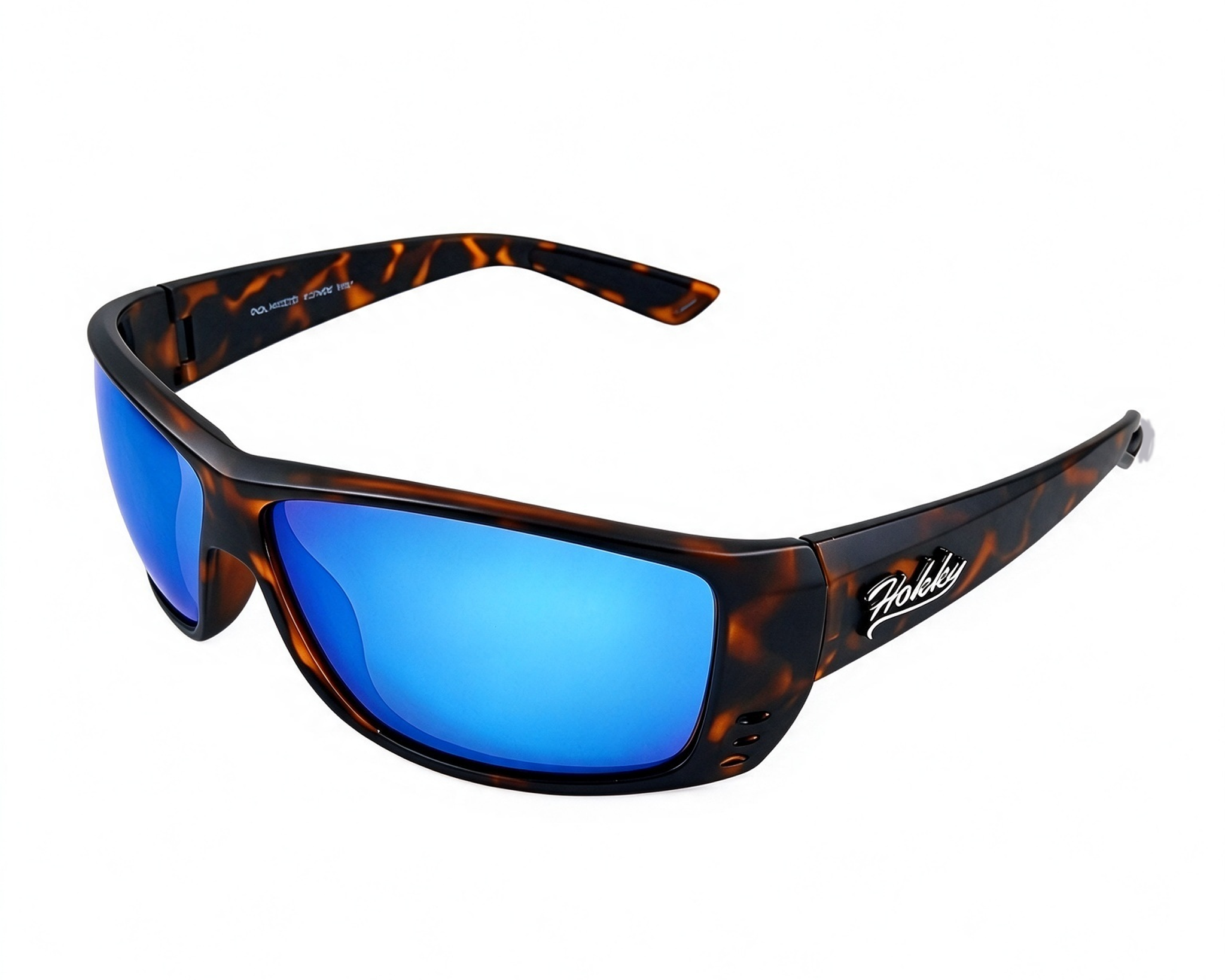 A pair of 'Ventura' sport sunglasses with a tortoiseshell pattern frame and blue polarised lenses.