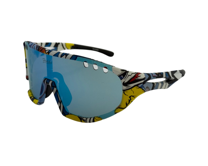 Sunglasses with colorful patterned arms. Best for running.