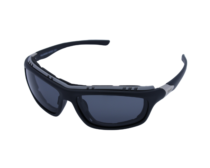 A pair of black Hokky Vortex sunglasses with grey mirrored lenses designed for sports and outdoor activities.