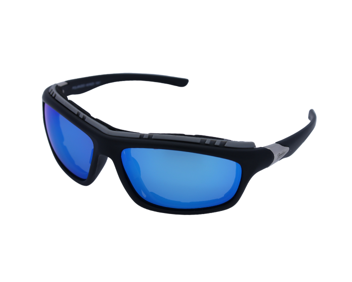 A pair of black Hokky Vortex sunglasses with blue mirrored lenses designed for sports and outdoor activities.