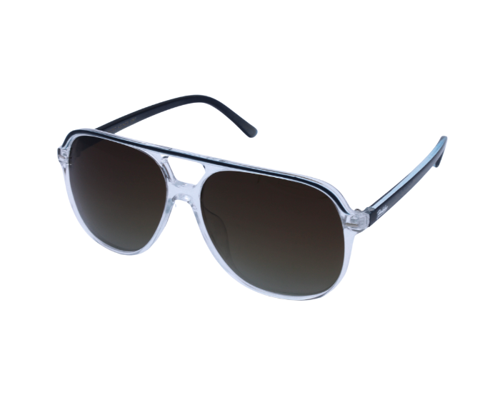 A pair of 'Zenith' sunglasses with a sleek design, featuring a clear frame and dark lenses, is best for riding.