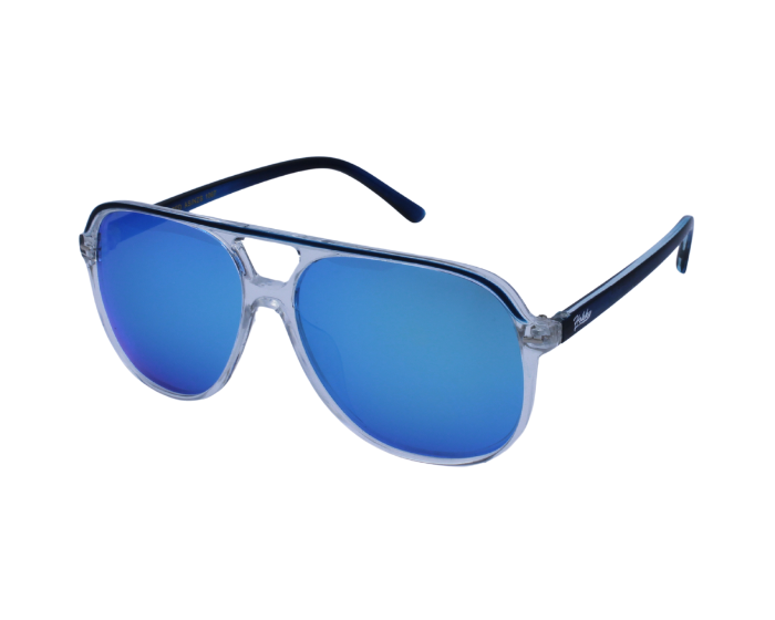 A pair of 'Zenith' sunglasses with a sleek design, featuring a clear frame and light blue lenses, is best for fishing.