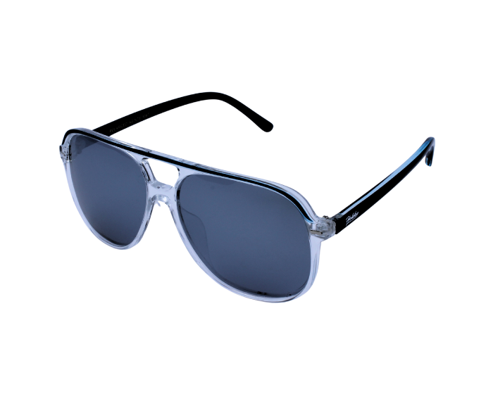 A pair of 'Zenith' sunglasses with a sleek design, featuring a clear frame and dark lenses, is best for driving.