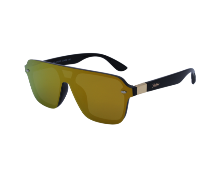 A pair of 'Amalfi' sunglasses featuring a black frame with gold accents and dark anti glare lenses.