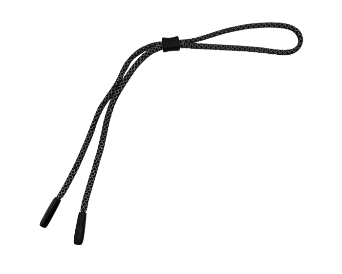 A black anti-slip strap for sunglasses with black tips and a textured grip