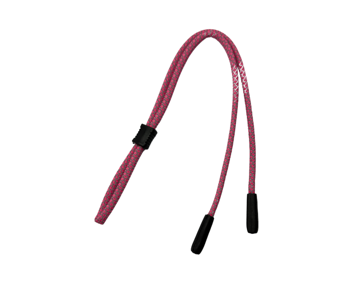 A red anti-slip strap for sunglasses with black tips and a textured grip