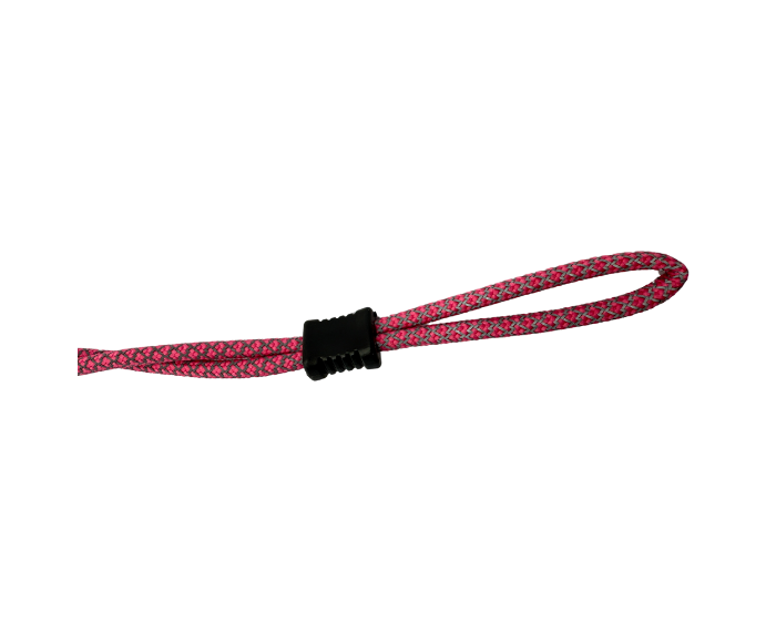 A red anti-slip strap for sunglasses with black tips.