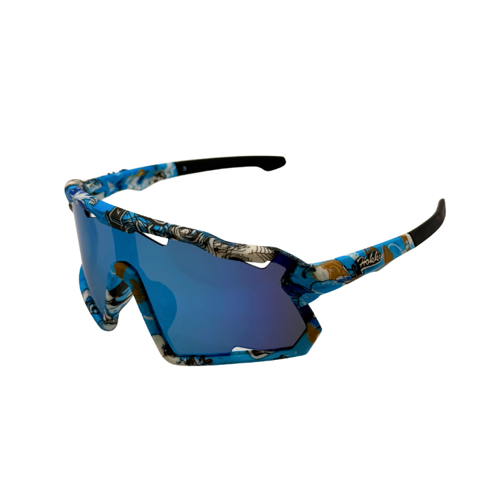 Sunglasses with blue reflective lenses and colorful frame on a white background
