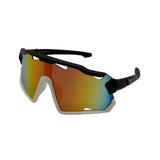 Sunglasses with black frame and multicolored lenses on a white background