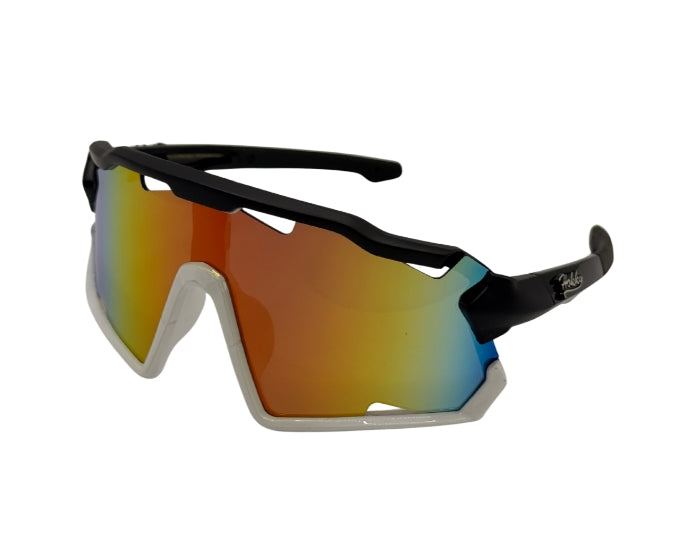 Sunglasses with black frame and multicolored lenses on a white background