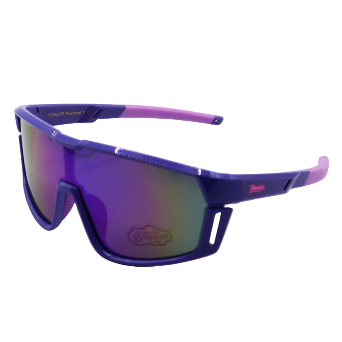 Purple sunglasses with a reflective lens on a white background