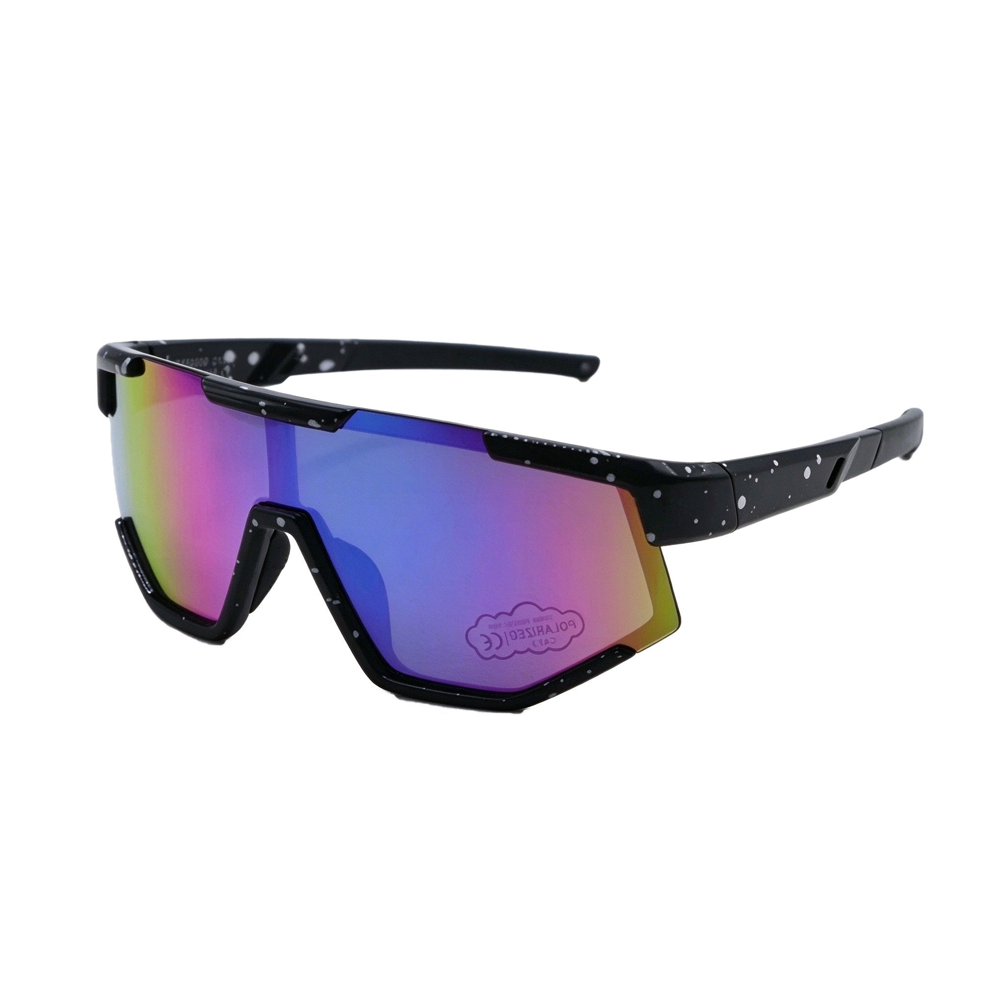 Sunglasses with a black frame and multicolored lenses on a white background
