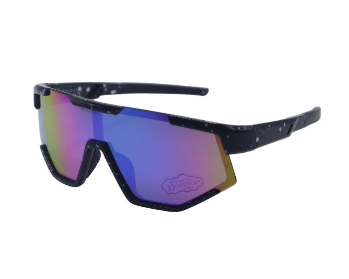 Sunglasses with a black frame and multicolored lenses on a white background