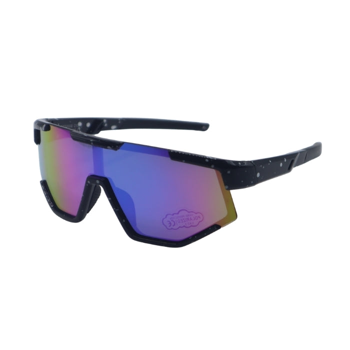 Sunglasses with a black frame and multicolored lenses on a white background