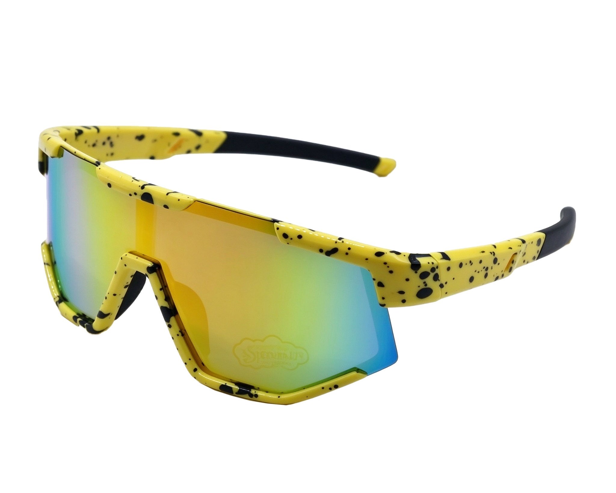 Yellow sunglasses with black speckles on a white background