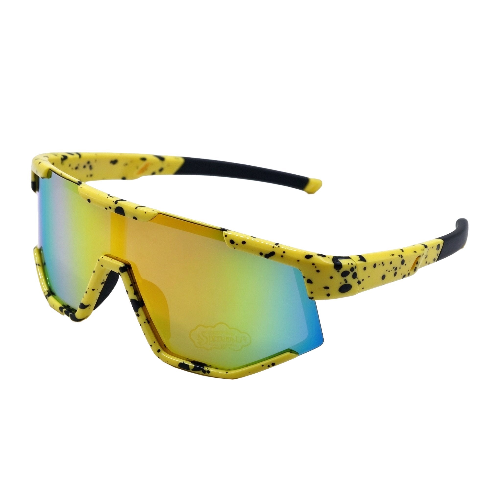 Yellow sunglasses with black speckles on a white background