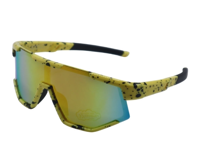 Yellow sunglasses with black speckles on a white background