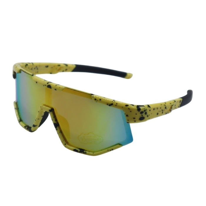 Yellow sunglasses with black speckles on a white background