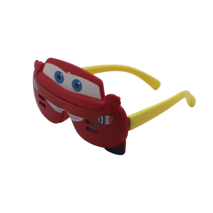 Red and yellow novelty sunglasses with a car design on a white background