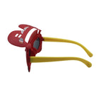 Red and yellow sunglasses with a unique design on a white background