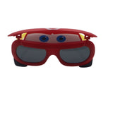 Red sunglasses with blue eye lenses on a white background