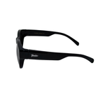 Black sunglasses with a brand logo on a white background