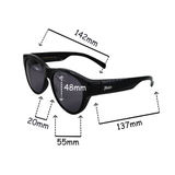 Black sunglasses with measurements on a white background