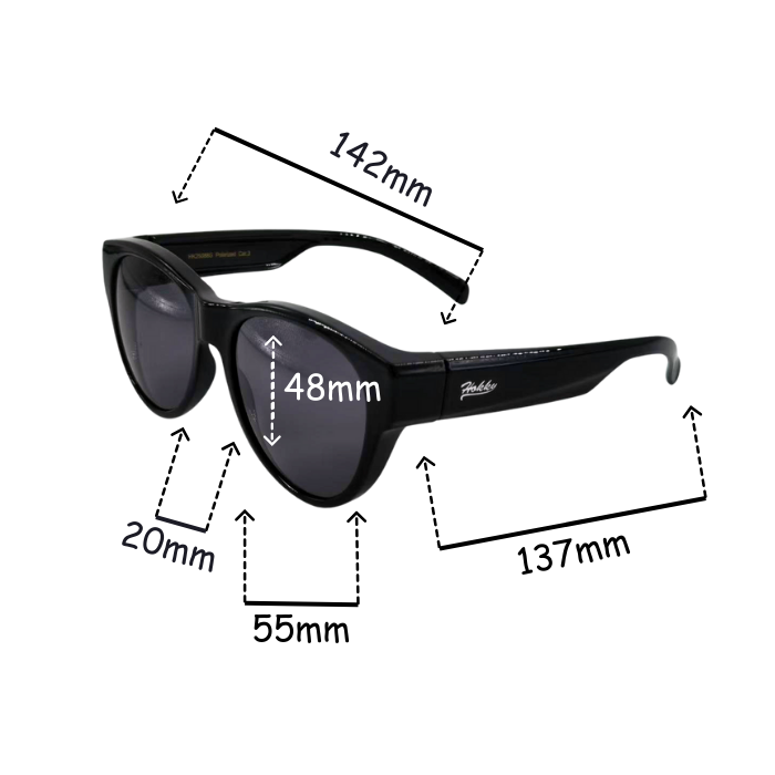 Black sunglasses with measurements on a white background
