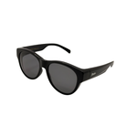 Black sunglasses with a brand logo on a white background