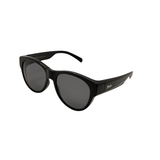 Black sunglasses with a brand logo on a white background