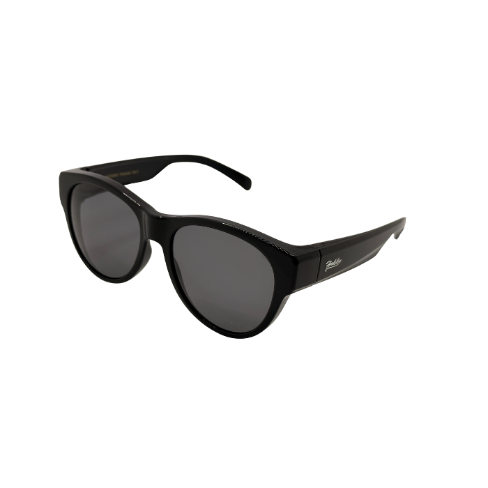 Black sunglasses with a brand logo on a white background