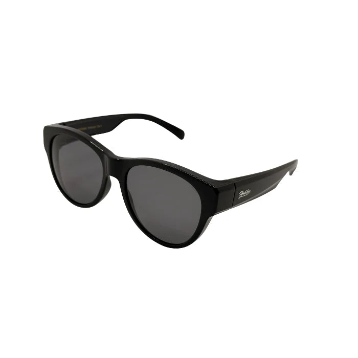 Black sunglasses with a brand logo on a white background