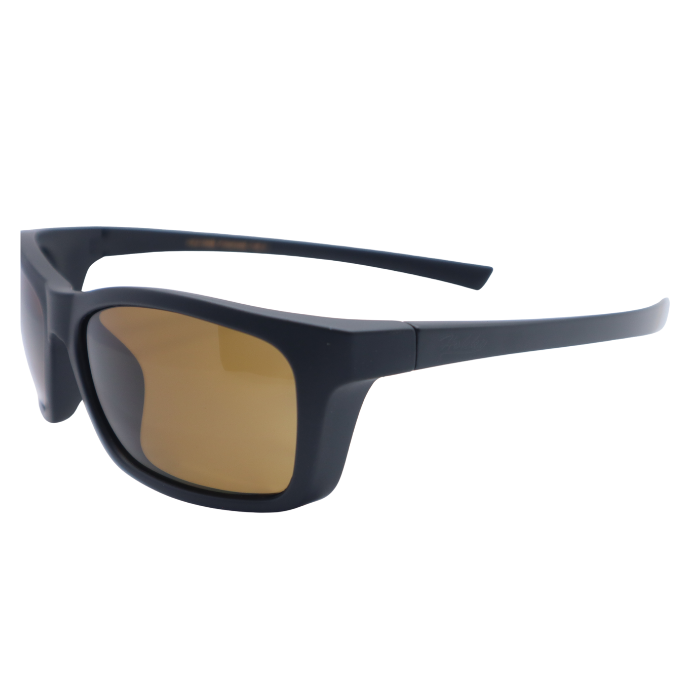Black sunglasses with brown lenses on a white background
