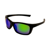 Black sunglasses with colorful lenses on a white background