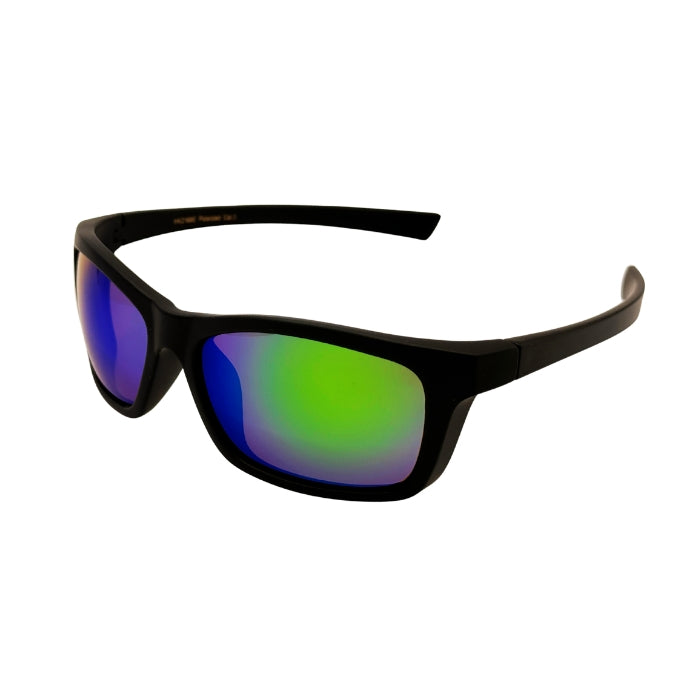 Black sunglasses with colorful lenses on a white background