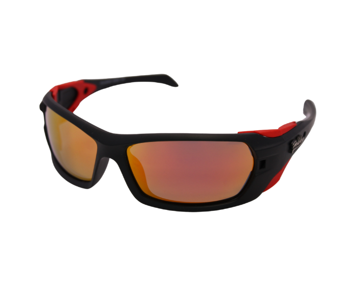A pair of 'Edge' unisex sunglasses with black frame and red accents, and polarized orange lenses.