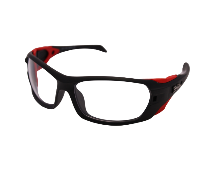 A pair of 'Edge' unisex sunglasses with black frame and red accents, and polarized transparent lenses.