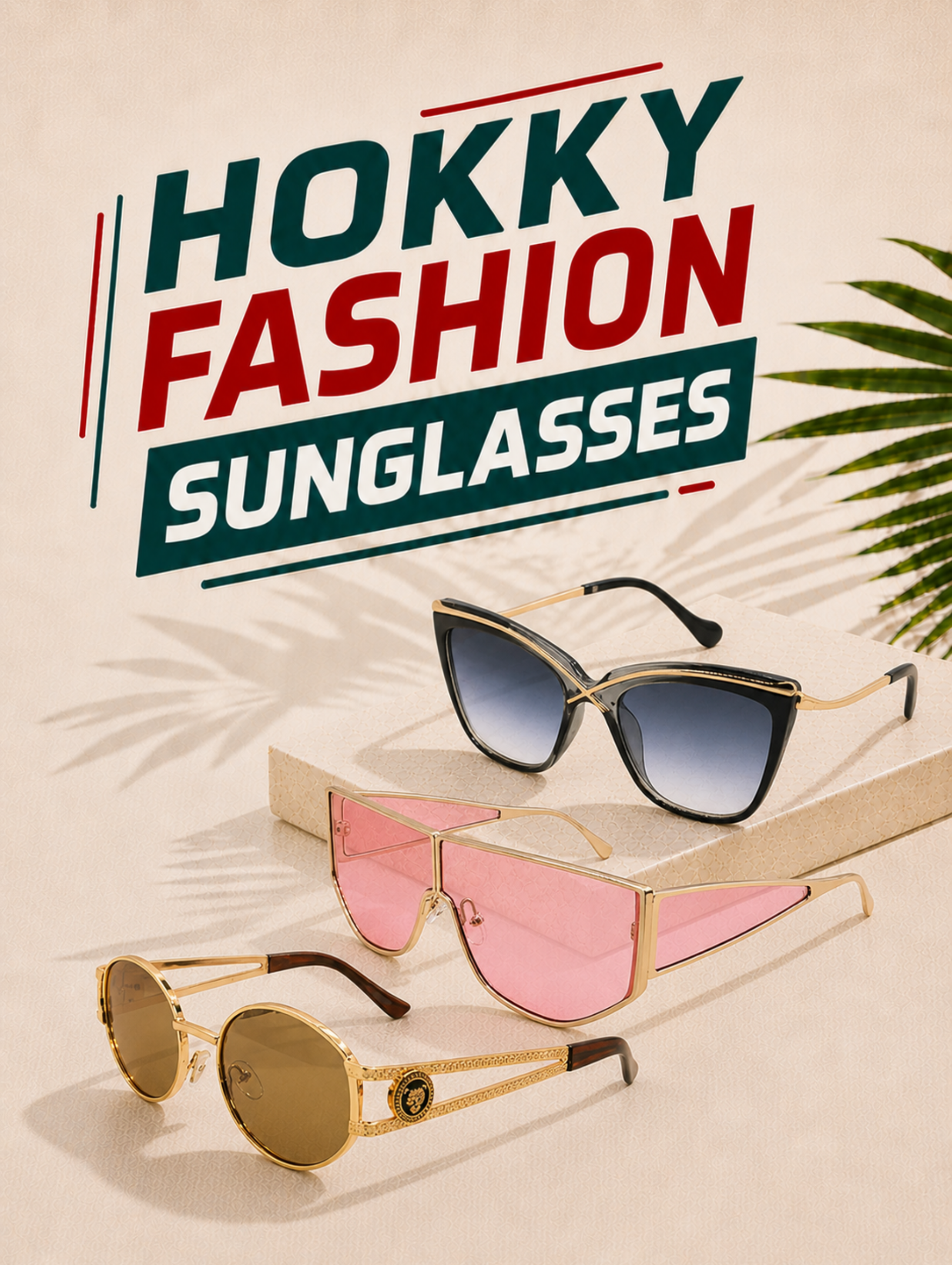 Sunglasses with 'Hokky Fashion' branding on a beige background with palm leaves.